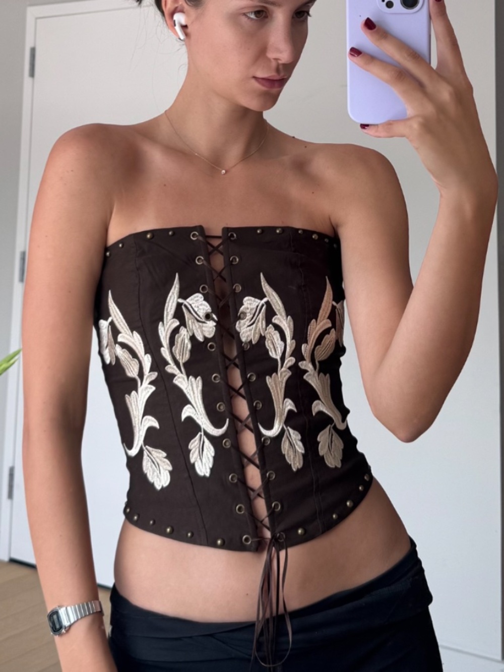 Bacio Brown Corset Top Size S Cream Floral Embroidery Lace Up Removable Halter